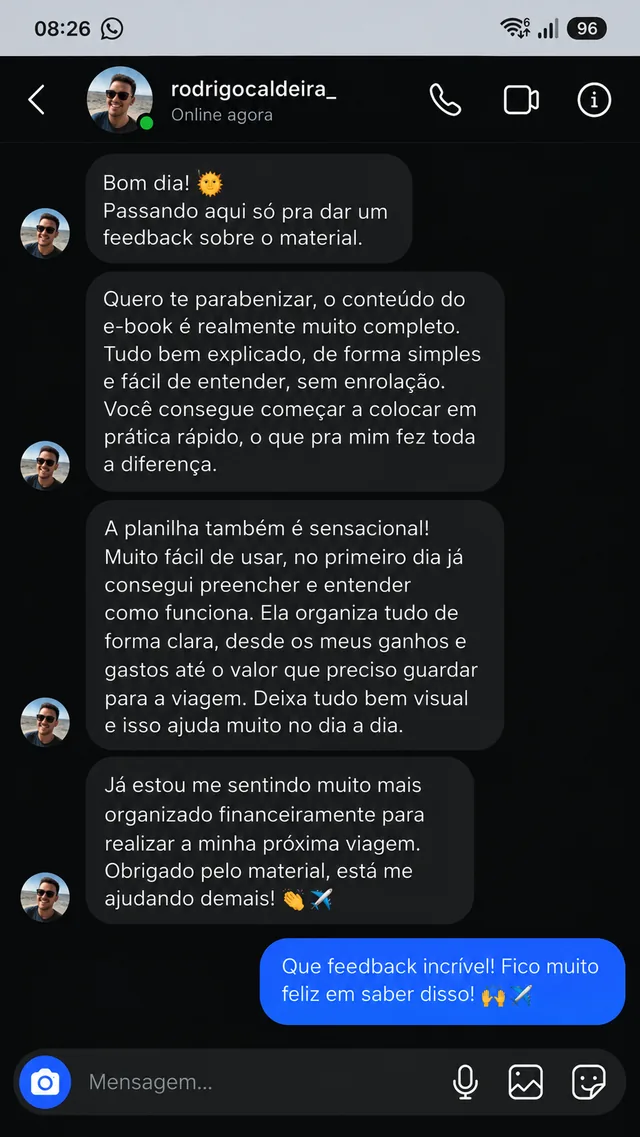 Feedback de Rodrigo sobre o ebook e a planilha financeira