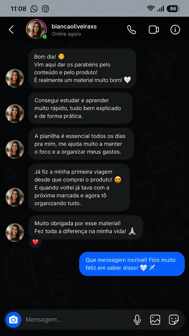 Feedback de Bianca sobre o conteúdo, a planilha e suas viagens