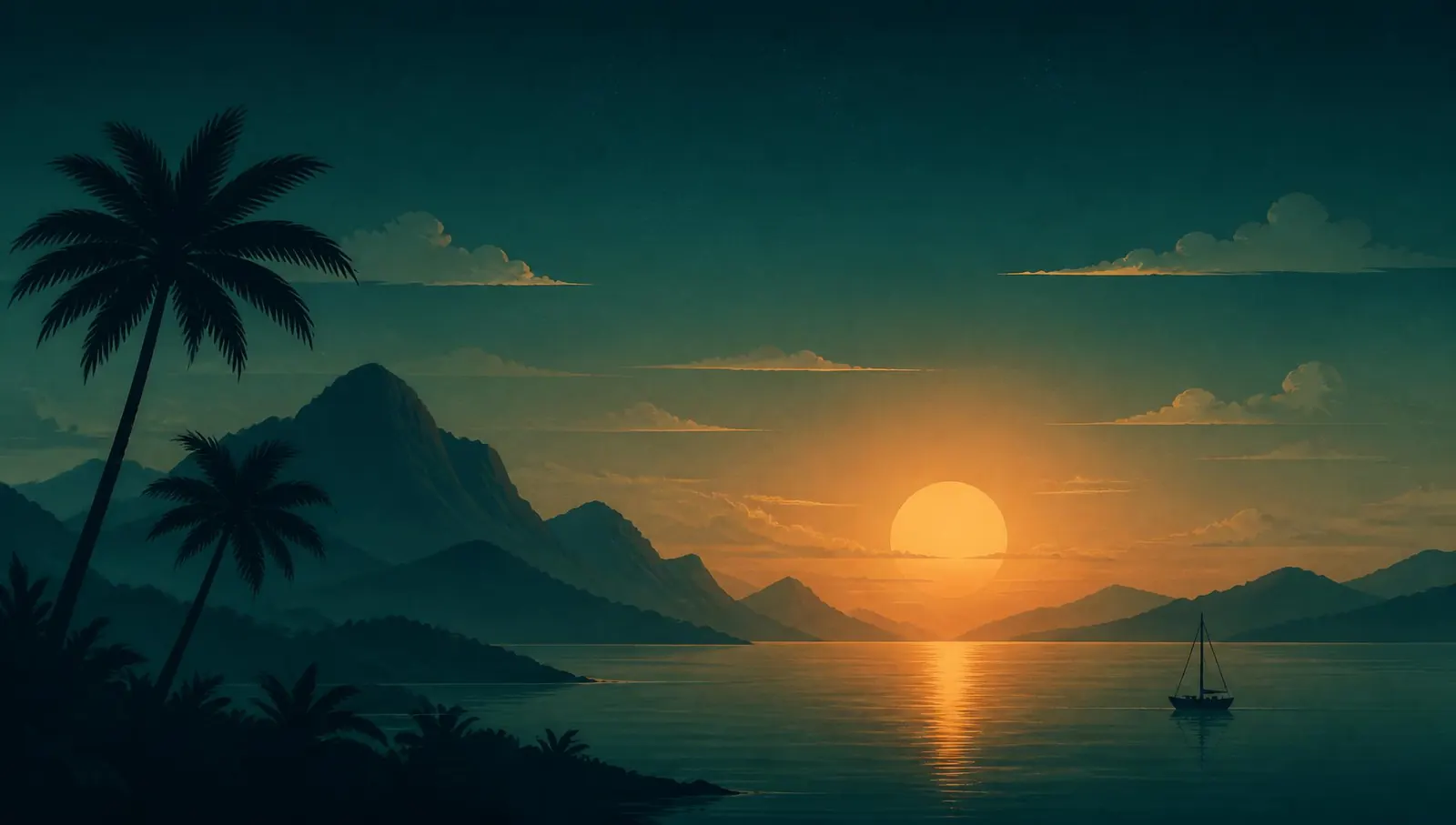 Ilustração de paisagem de viagem ao pôr do sol com montanhas, mar e palmeiras